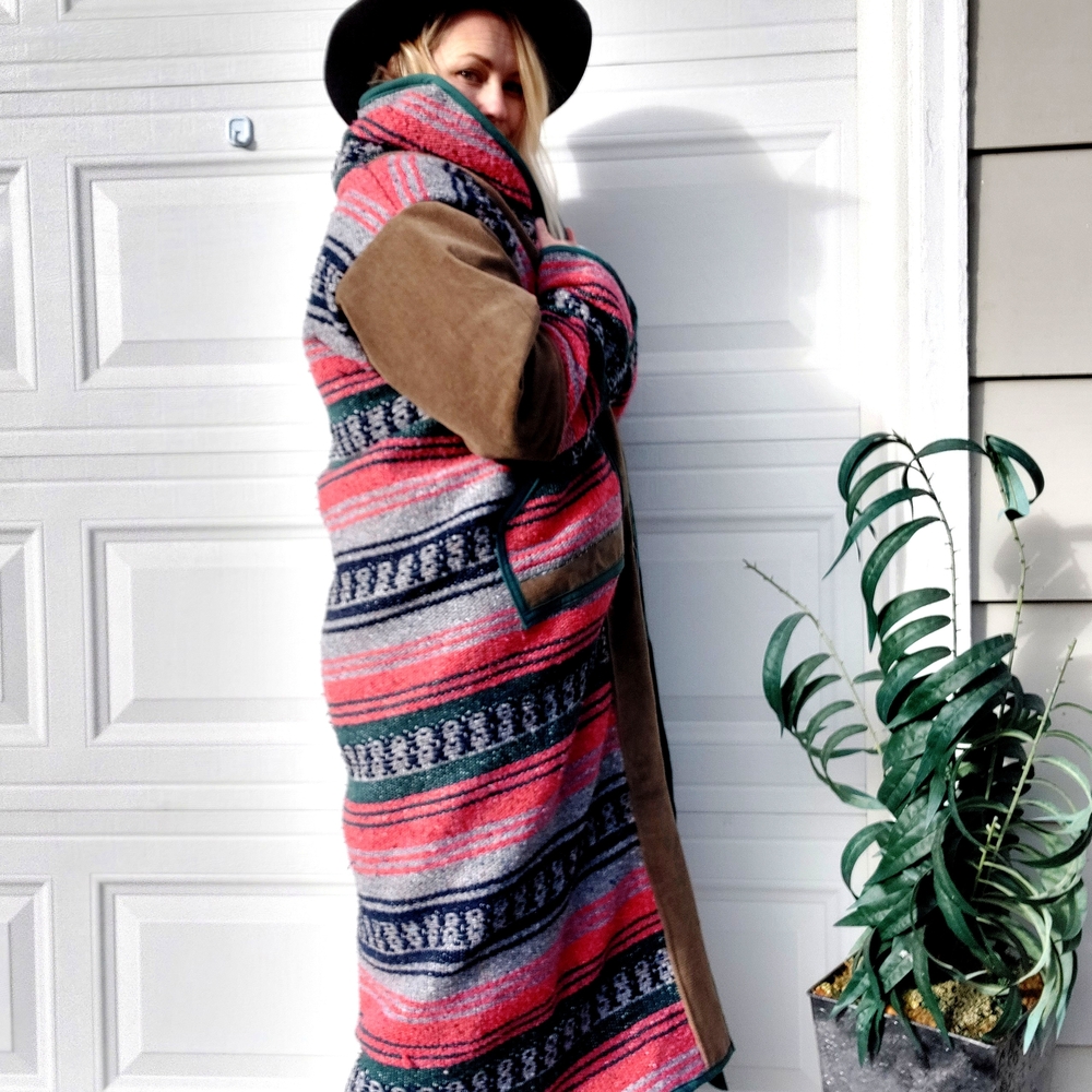 Handmade Mexican Blanket Jacket Colorful Striped Long Coat Pink Green Tan